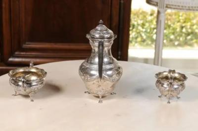 Danish 1930s Johannes Siggaard Three Piece Silver Coffee Set with Ebony Handle