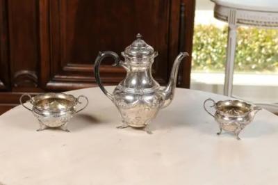 Danish 1930s Johannes Siggaard Three Piece Silver Coffee Set with Ebony Handle