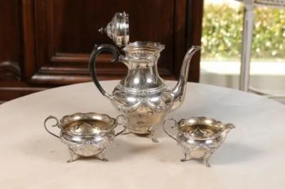 Danish 1930s Johannes Siggaard Three Piece Silver Coffee Set with Ebony Handle