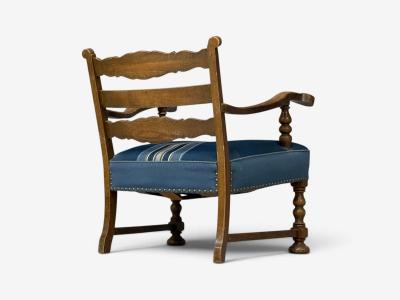 Danish Cabinetmaker Armchair Wool Carved Oak Denmark 1920s