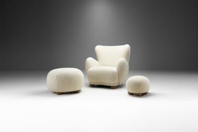 Danish Cabinetmaker Armchair with Ottomans Upholstered in Wool Denmark ca 1950s