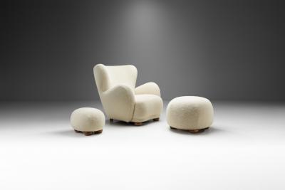 Danish Cabinetmaker Armchair with Ottomans Upholstered in Wool Denmark ca 1950s