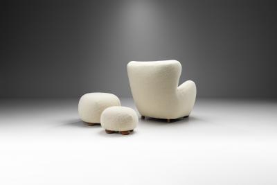 Danish Cabinetmaker Armchair with Ottomans Upholstered in Wool Denmark ca 1950s