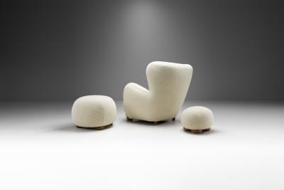 Danish Cabinetmaker Armchair with Ottomans Upholstered in Wool Denmark ca 1950s