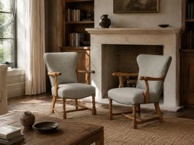 Danish Cabinetmaker Armchairs Oak Gray Wool Denmark 1950s