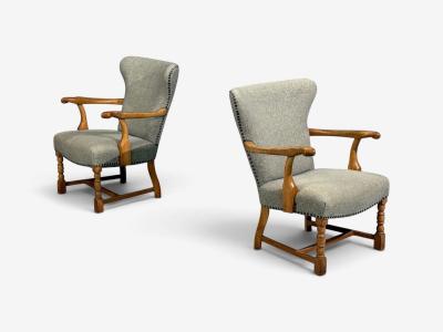 Danish Cabinetmaker Armchairs Oak Gray Wool Denmark 1950s