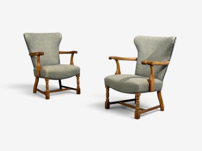 Danish Cabinetmaker Armchairs Oak Gray Wool Denmark 1950s