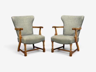 Danish Cabinetmaker Armchairs Oak Gray Wool Denmark 1950s