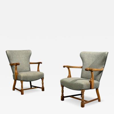 Danish Cabinetmaker Armchairs Oak Gray Wool Denmark 1950s