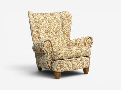 Danish Cabinetmaker Large Wingback Chair Floral Fabric Wood Denmark 1950s