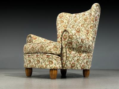 Danish Cabinetmaker Large Wingback Chair Floral Fabric Wood Denmark 1950s
