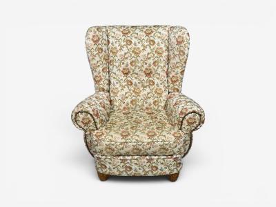 Danish Cabinetmaker Large Wingback Chair Floral Fabric Wood Denmark 1950s