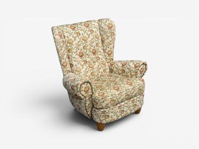 Danish Cabinetmaker Large Wingback Chair Floral Fabric Wood Denmark 1950s
