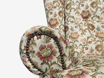 Danish Cabinetmaker Large Wingback Chair Floral Fabric Wood Denmark 1950s