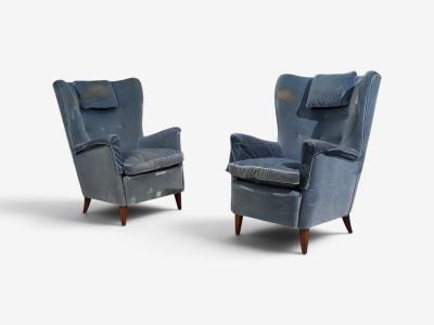 Danish Cabinetmaker Lounge Chairs Blue Velvet Stained Wood Denmark 1950s