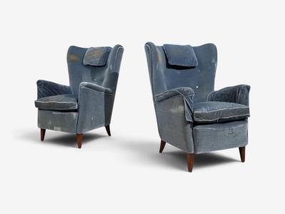 Danish Cabinetmaker Lounge Chairs Blue Velvet Stained Wood Denmark 1950s