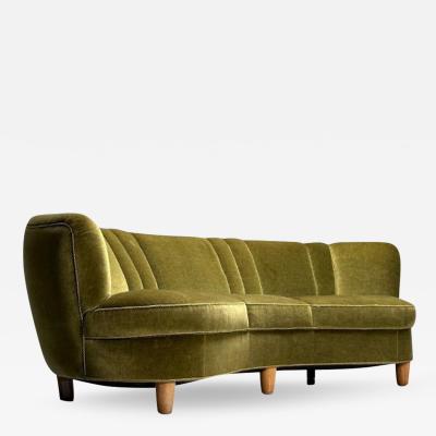 Danish Cabinetmaker Mid Century Modern Curved Banana Sofa Beech Green Velvet