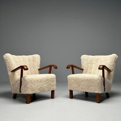 Danish Cabinetmaker Mid Century Modern Lounge Chairs Shearling Beech 1940s