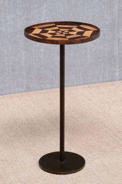 Danish Cabinetmaker Pedestal Table with Radial Marquetry Top Bronze circa 1950