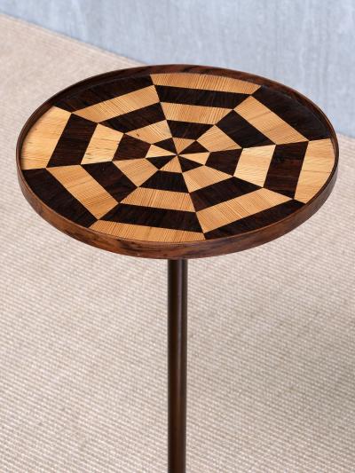 Danish Cabinetmaker Pedestal Table with Radial Marquetry Top Bronze circa 1950