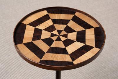 Danish Cabinetmaker Pedestal Table with Radial Marquetry Top Bronze circa 1950