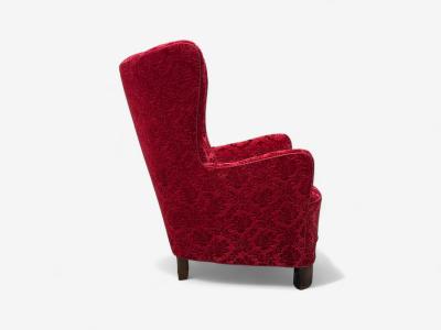 Danish Cabinetmaker Red Damask Wood Lounge Chair Denmark 1950s