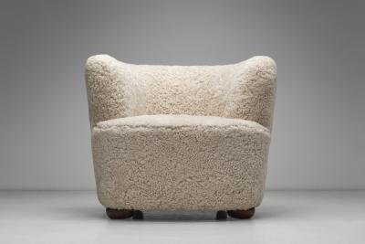 Danish Cabinetmaker Sheepskin Lounge Chair and Ottoman Denmark 1940s