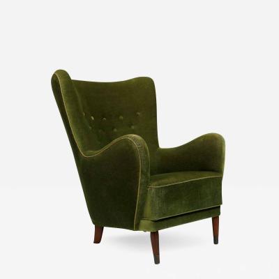 Danish Deco High back Lounge Chair in Original Green Mohair