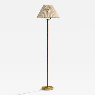 Danish Designer Floor Lamp with Brass Leather and Fabric Denmark 1940s