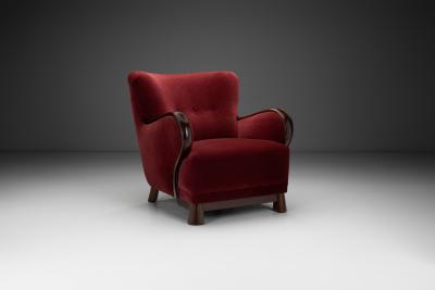 Danish Easy Chair in Red Mohair and with Stained Beech Frame Denmark ca 1940s