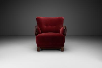 Danish Easy Chair in Red Mohair and with Stained Beech Frame Denmark ca 1940s