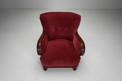 Danish Easy Chair in Red Mohair and with Stained Beech Frame Denmark ca 1940s