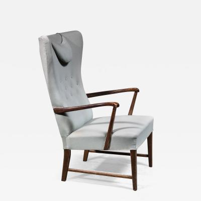 Danish High Back Lounge Chair with Mint Green Wool Upholstery 1940s