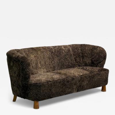 Danish Mid Century Modern Beech Brown Sheepskin Sofa Denmark 1930s