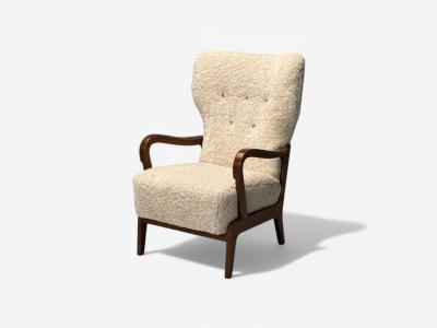 Danish Mid Century Modern Beige Sheepskin Beech Lounge Chair Denmark 1960s