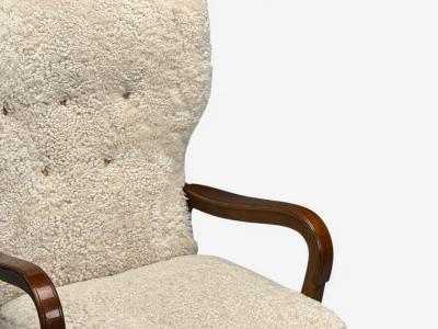 Danish Mid Century Modern Beige Sheepskin Beech Lounge Chair Denmark 1960s