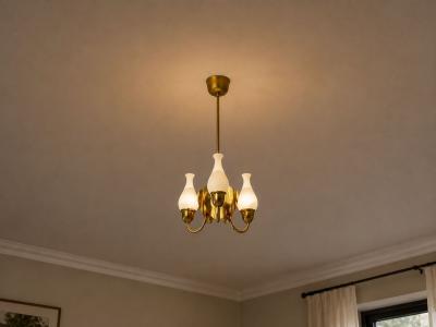 Danish Moden Pendant Light Polished Brass Opal Glass Denmark 1950s