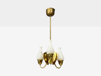Danish Moden Pendant Light Polished Brass Opal Glass Denmark 1950s