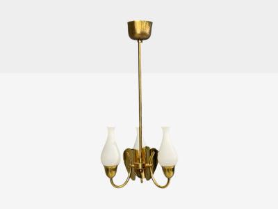 Danish Moden Pendant Light Polished Brass Opal Glass Denmark 1950s