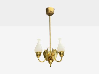 Danish Moden Pendant Light Polished Brass Opal Glass Denmark 1950s