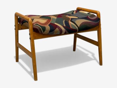 Danish Modern Aztec Fabric Light Stained Wood Footstool Denmark 1950s