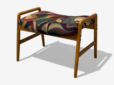 Danish Modern Aztec Fabric Light Stained Wood Footstool Denmark 1950s