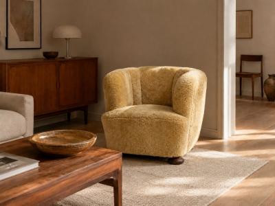 Danish Modern Banana Style Tub Chair Beech Honey Sheepskin Denmark 1930s