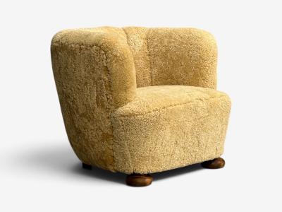 Danish Modern Banana Style Tub Chair Beech Honey Sheepskin Denmark 1930s
