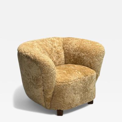 Danish Modern Beech Honey Sheepskin Banana Style Tub Chair Denmark 1930s