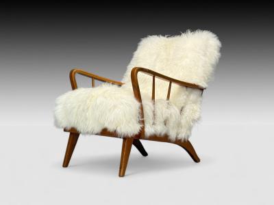 Danish Modern Beech Mongolian Fur Lounge Chair Denmark 1950s