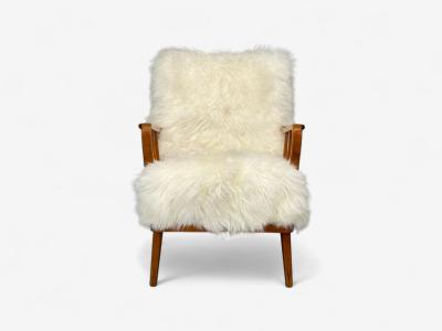 Danish Modern Beech Mongolian Fur Lounge Chair Denmark 1950s