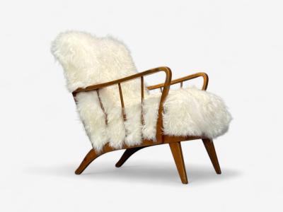 Danish Modern Beech Mongolian Fur Lounge Chair Denmark 1950s