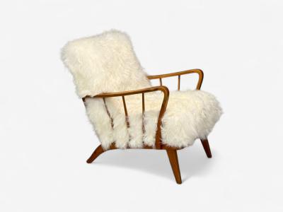 Danish Modern Beech Mongolian Fur Lounge Chair Denmark 1950s