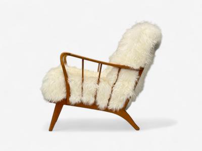 Danish Modern Beech Mongolian Fur Lounge Chair Denmark 1950s